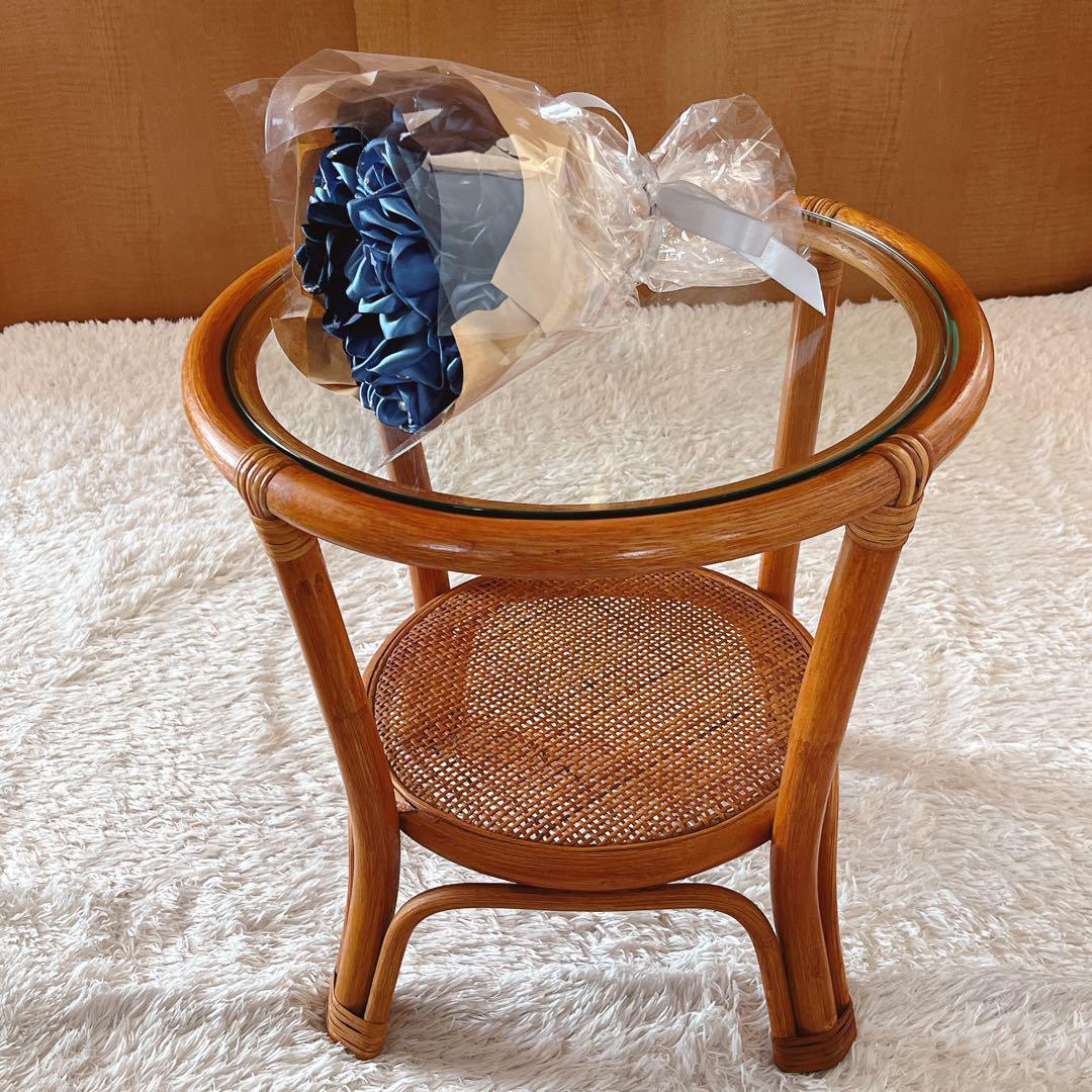 so様リクエスト品】籐 ラタン 丸テーブル　ガラス天板 昭和 レトロ 80年代