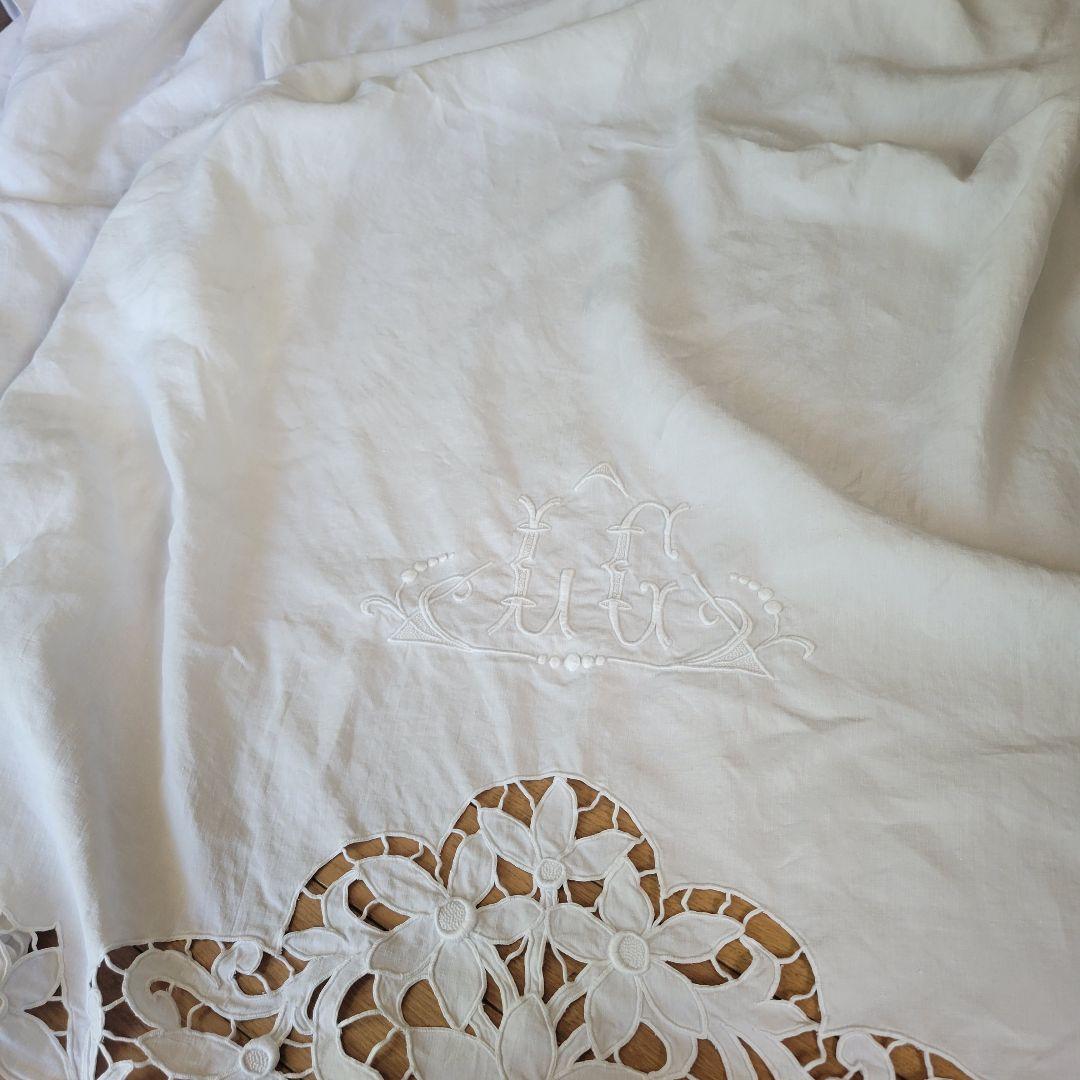 フランス　アンティーク　シーツ　リネン　カットワーク