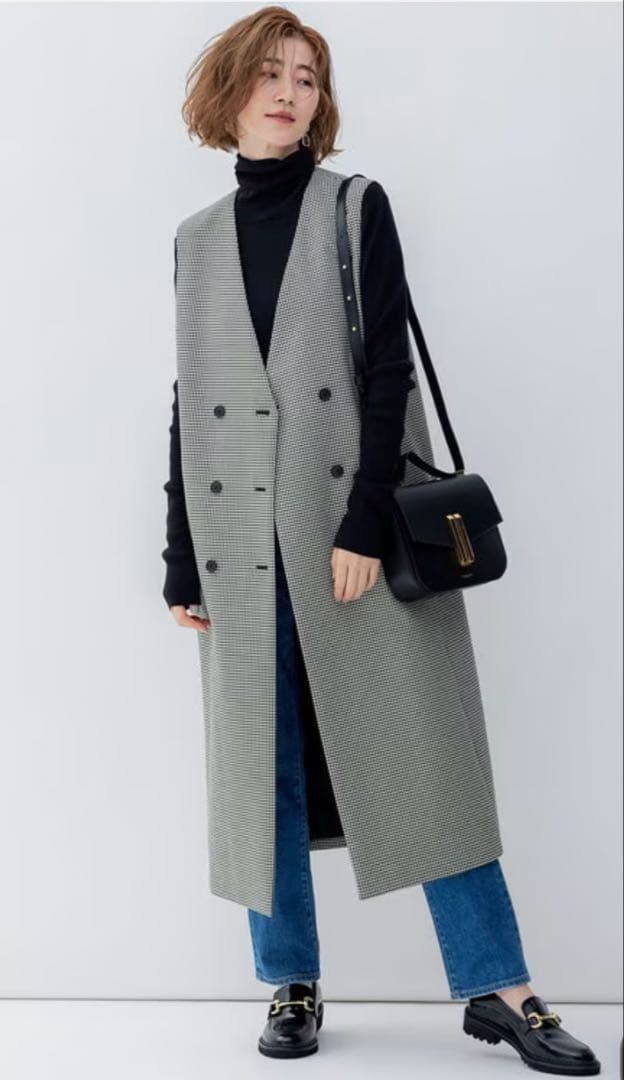 【美品】23区 ガンクラブチェック ロング ジレ モノトーンチェック38