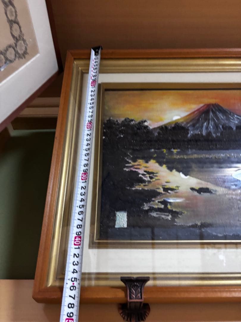 （早い者勝ち）赤富士の日本画 金色フレーム付き　夕日の赤富士山