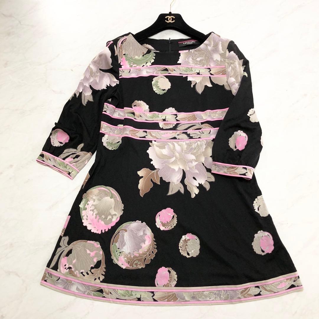 【未使用級✨️LEONARD】 カンカン素材 お花 L 黒 近年タグ チュニック