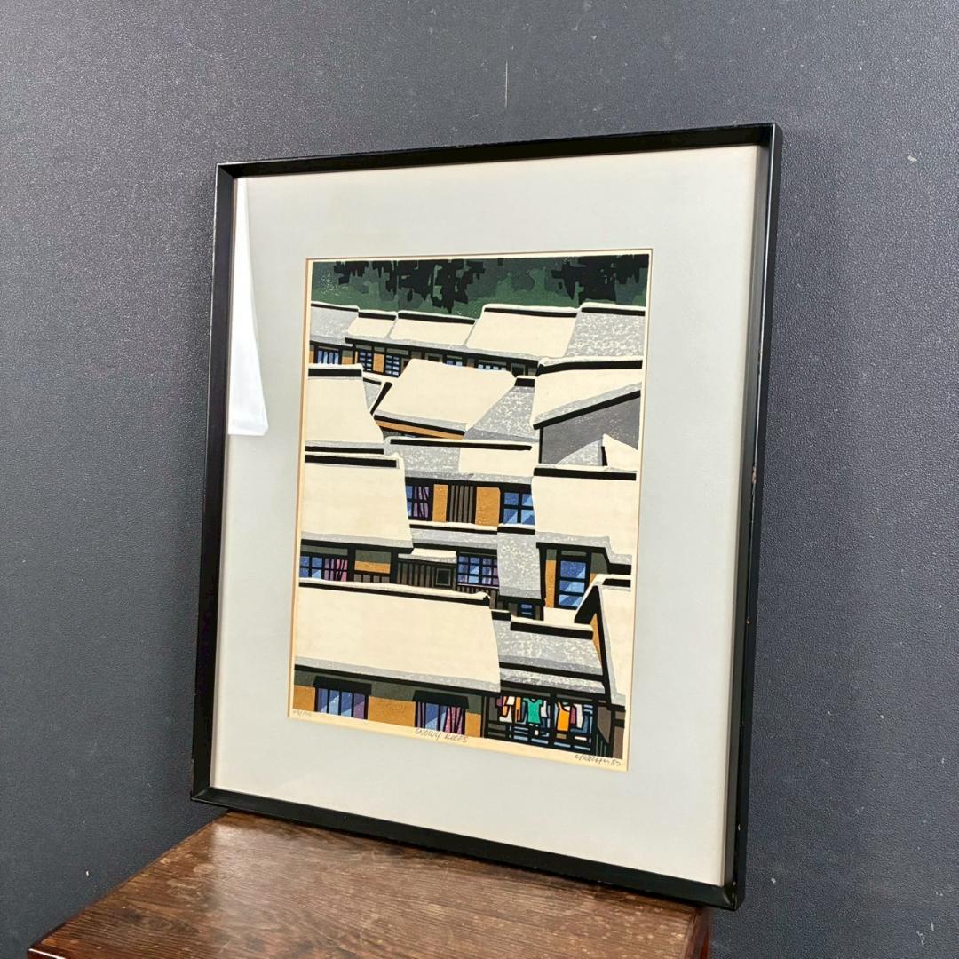 クリフトン・カーフ「雪の屋根」木版画 直筆サイン入 1982年 京都 人気作家