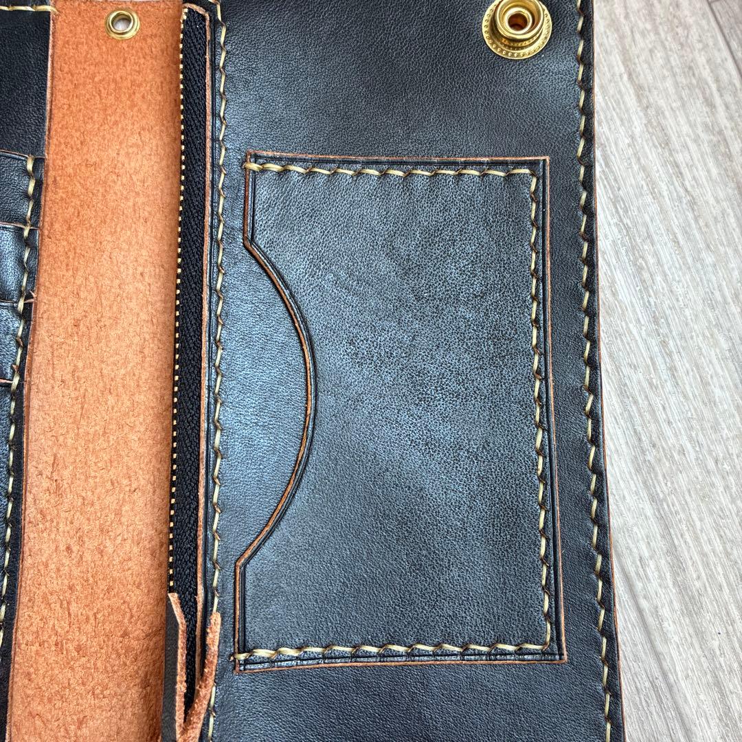 【茶芯ブラック】トラッカーウォレット　ロング　真鍮　三層