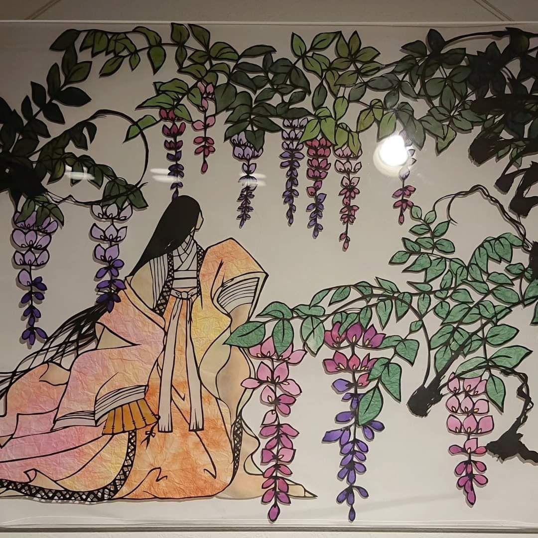 日本人女性作家　和風 藤の花 女性 切り絵アート