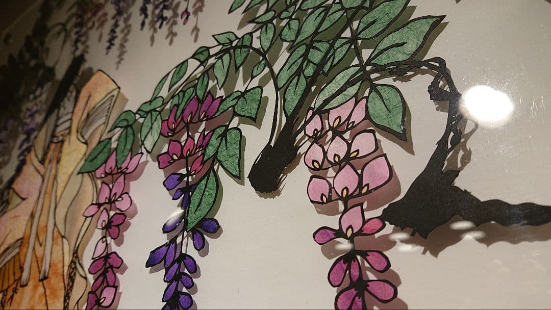 日本人女性作家　和風 藤の花 女性 切り絵アート