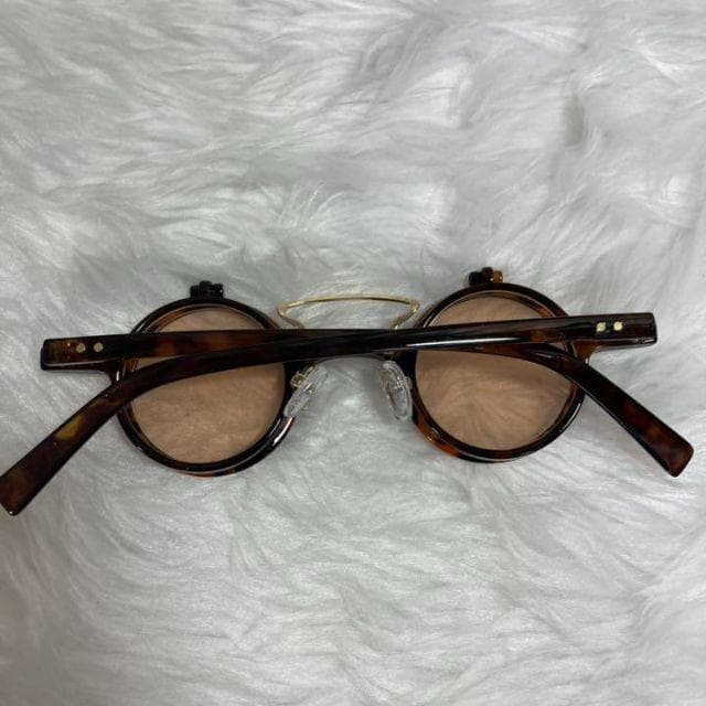 69丸メガネ眼鏡サングラス跳ね上げ式レトロ緑ゴールド個性的めがねラウンド茶色▼