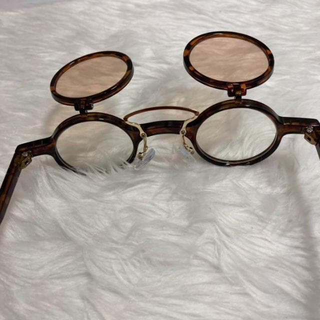 69丸メガネ眼鏡サングラス跳ね上げ式レトロ緑ゴールド個性的めがねラウンド茶色▼