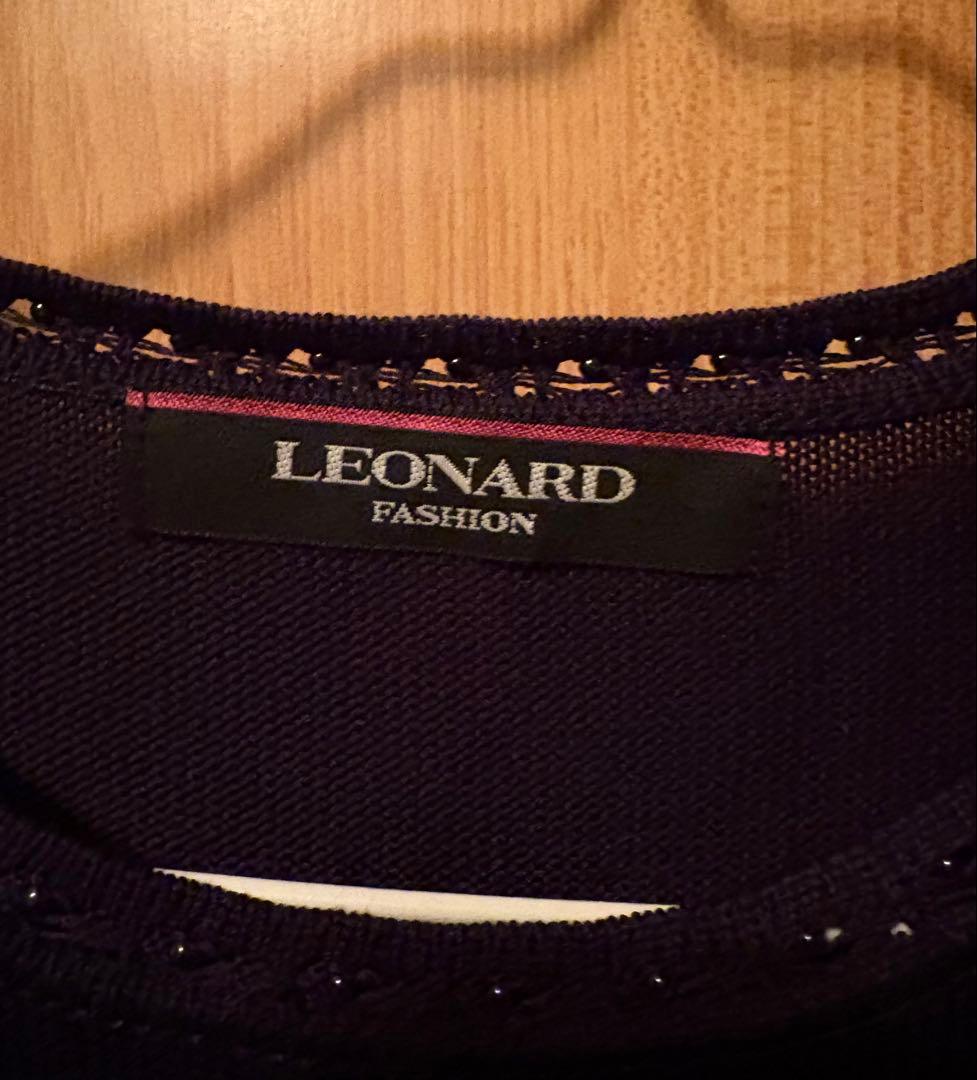 LEONARD FASHION レオナール 花柄 ニットソー カットソー 紺