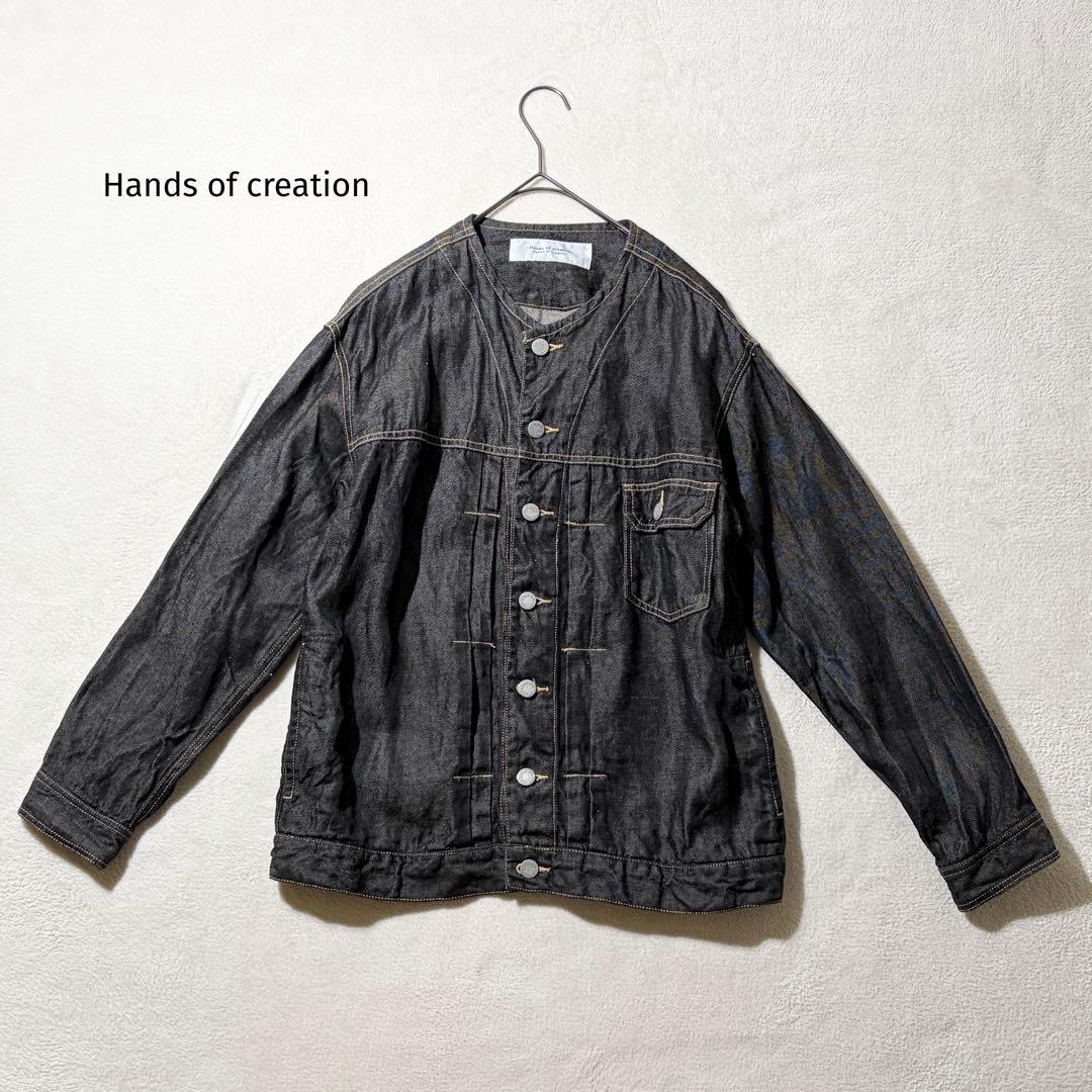 ハンズオブクリエイション　リネン デニム ノーカラージャケット　Gジャン　黒