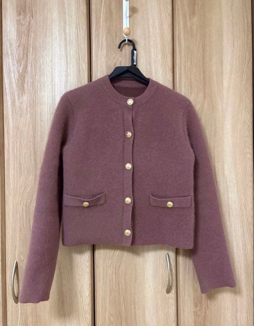 アニュアンス　ラクーンブレンドノーカラーニットジャケット　ピンク