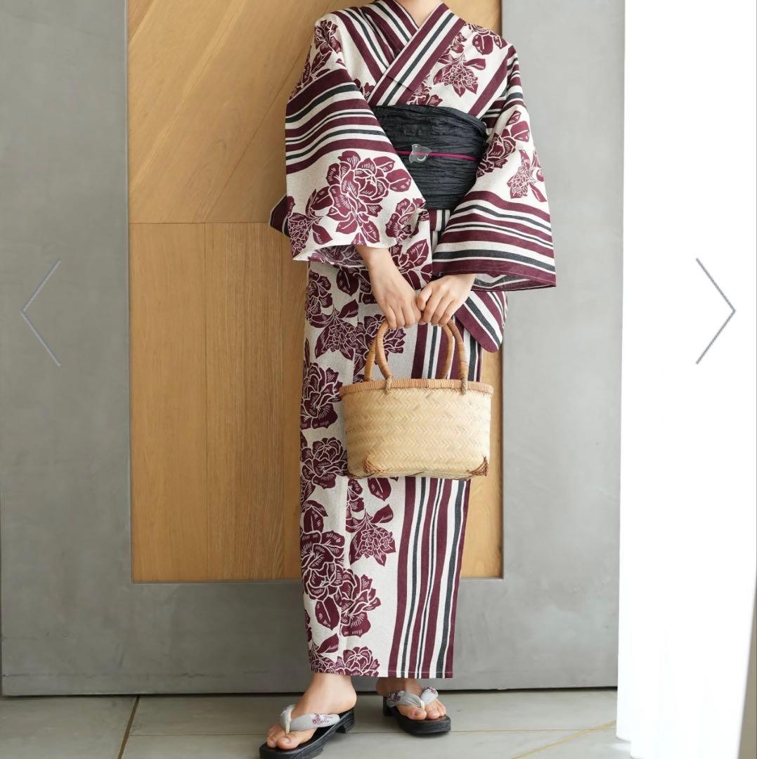 ニコアンティーク 高級変わり織 浴衣3点セット 大正浪漫えんじ縞と牡丹の染分け