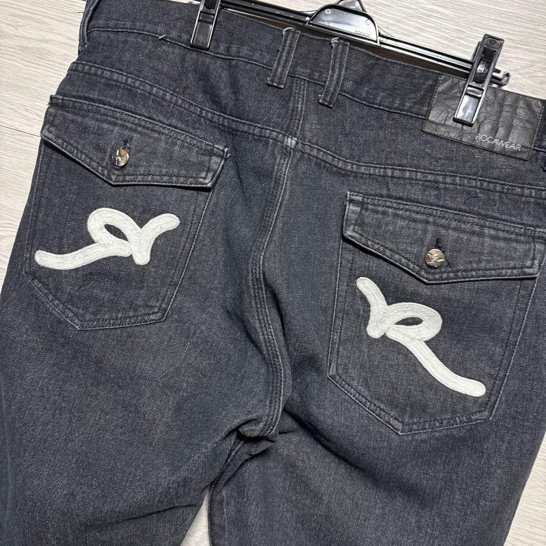 00s ROCA WEAR 先染め ブラックデニム 刺繍 W44 極太 バギー