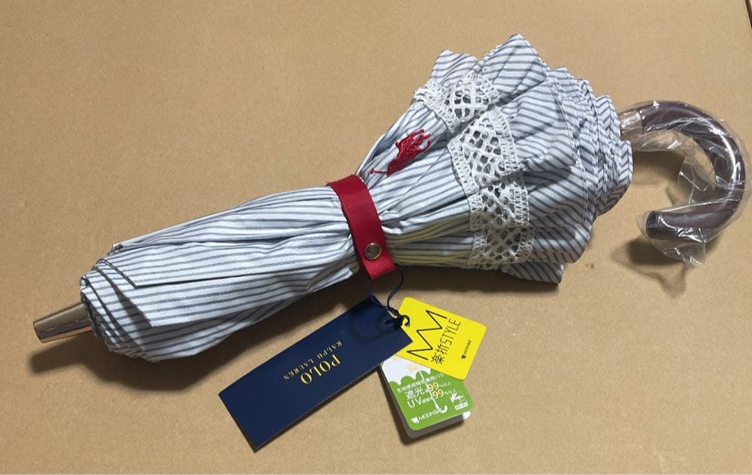 新品　ポロラルフローレン 楽折　晴雨兼用傘　ストライプフリル　折りたたみ　日傘