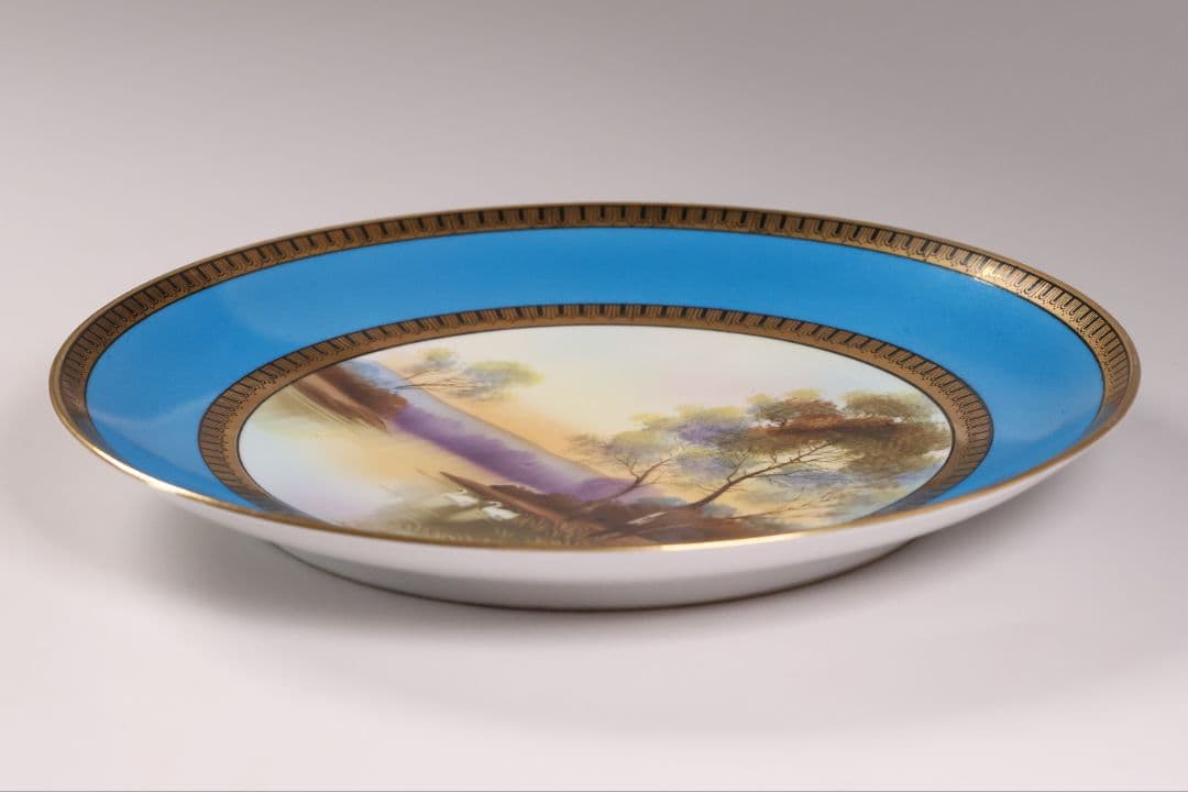 【CM300】オールドノリタケ 白鳥 風景 皿 プレート 金彩 ブルー 青 明治