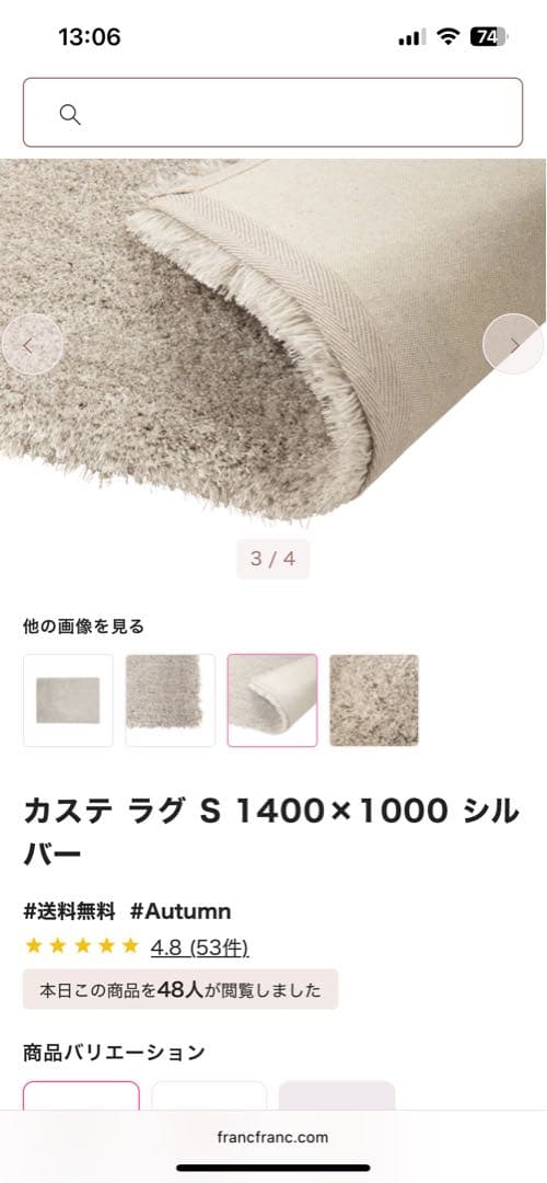 Francfranc カステ ラグ S 1400×1000 シルバー