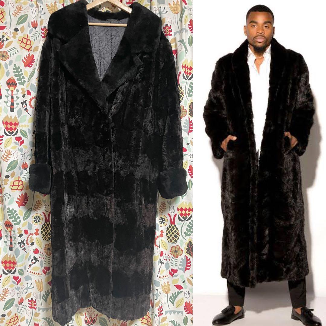 杉*家様 ロシア製 benka ボーダー メンズファーコート ムートン 本革 刺