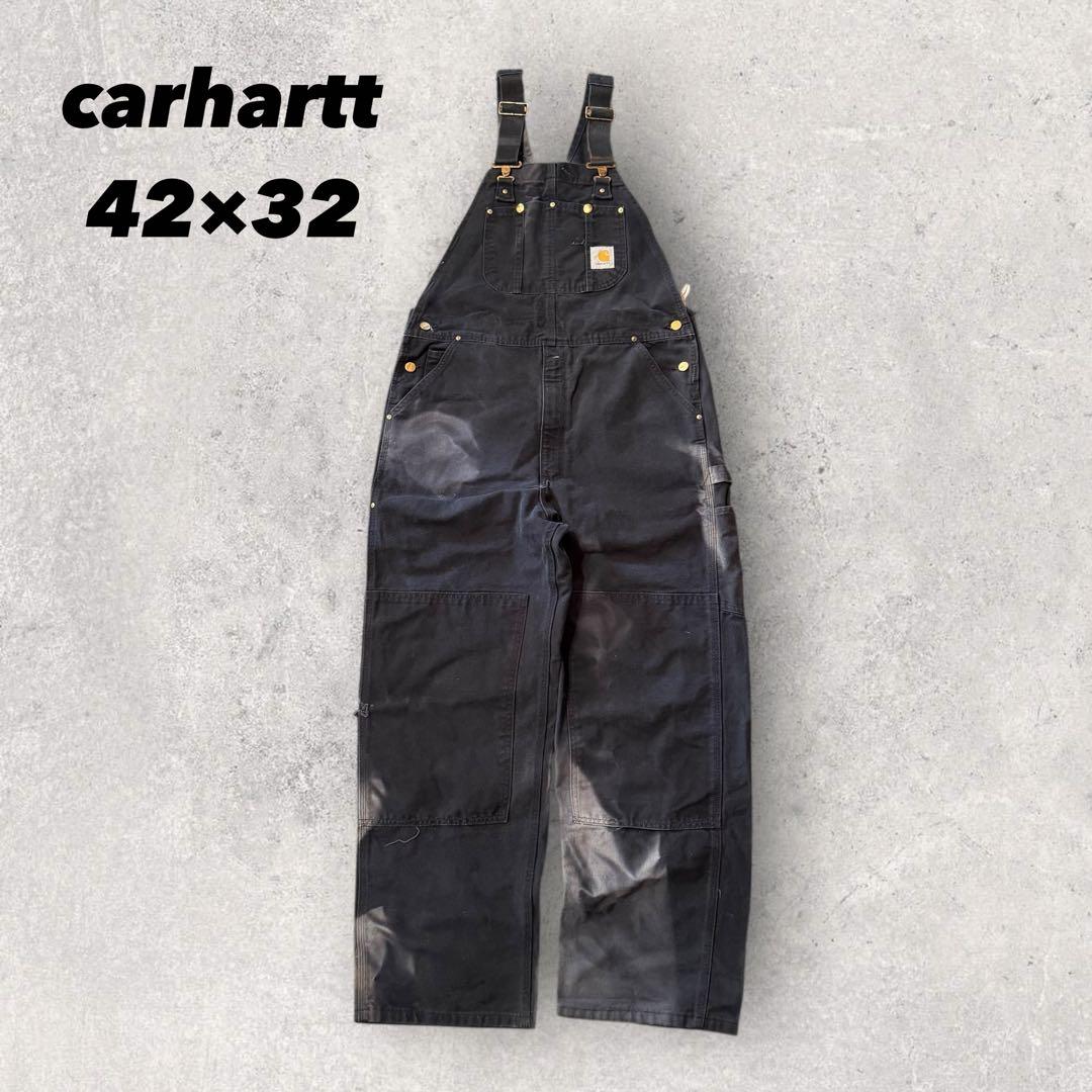 【カーハート】オーバーオール　42×32 黒　フェード　ダック地　つなぎ
