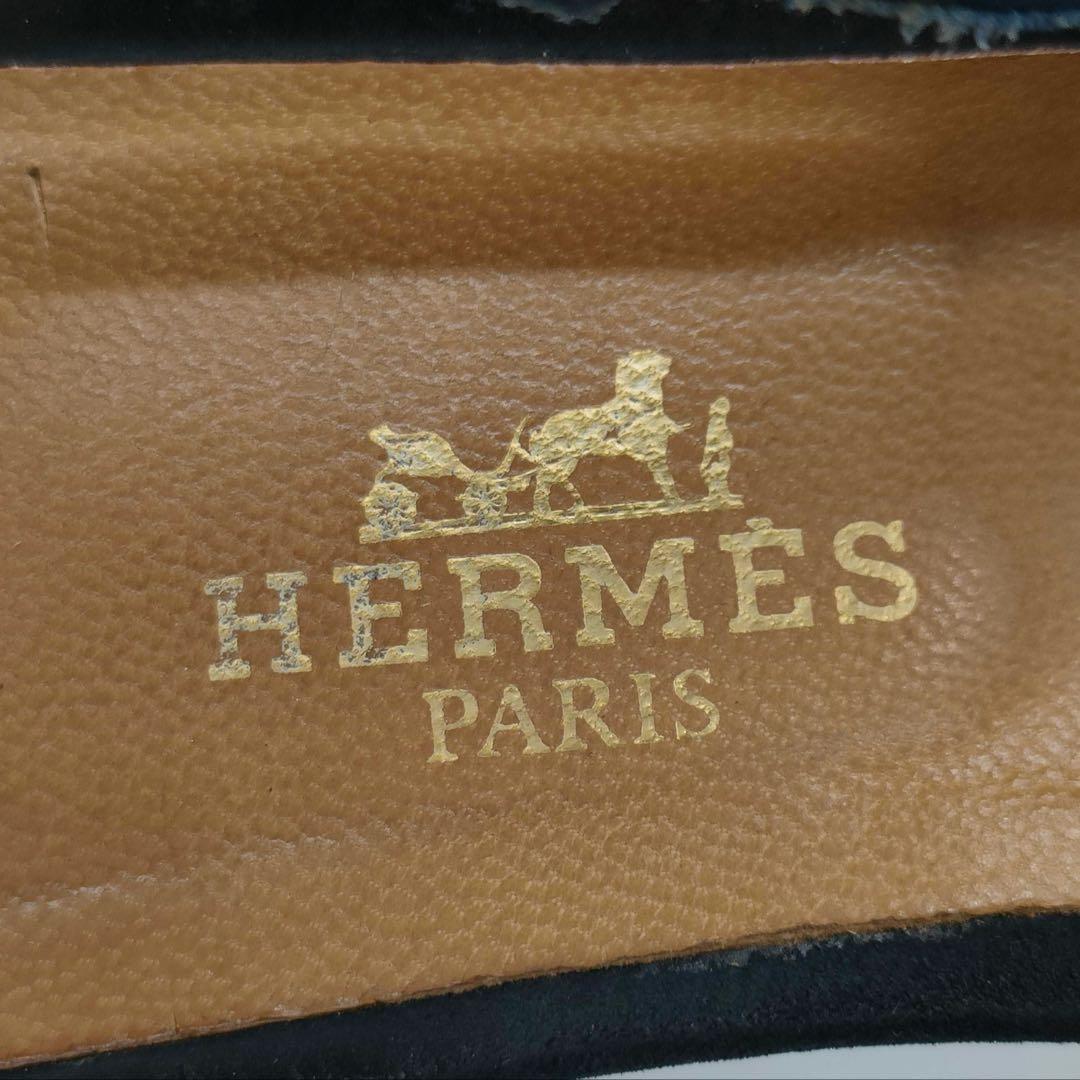 ケリー　HERMES ミュール　カデナ　フラットパンプス　24 濃紺　スエード