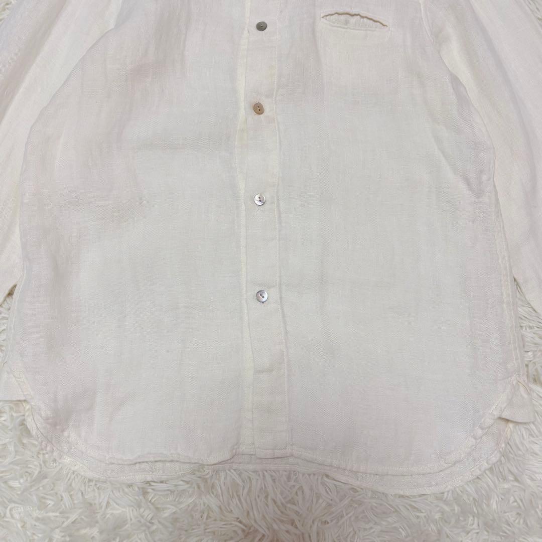 美品★ヤンマ産業　YAMMA リネン　丸襟長袖シャツ　オフホワイト