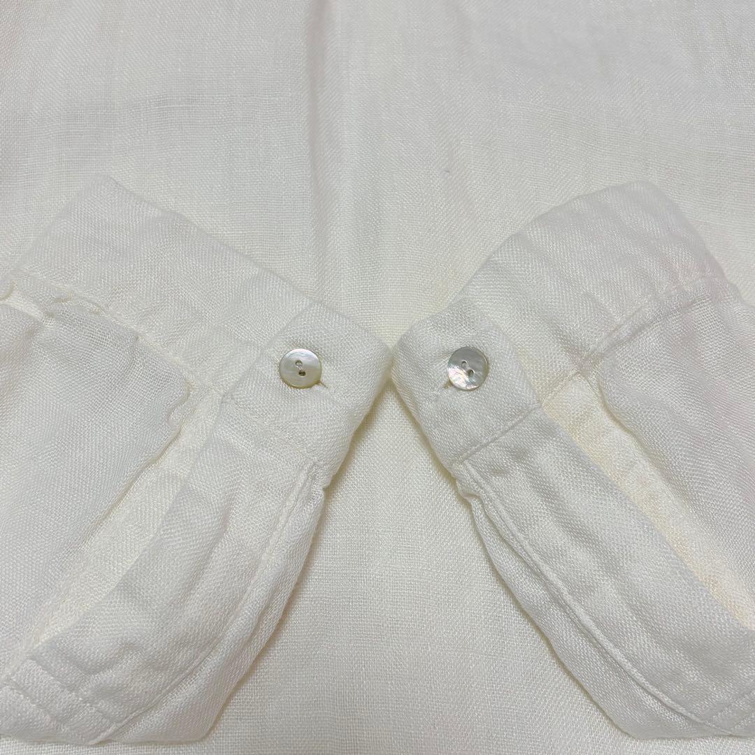 美品★ヤンマ産業　YAMMA リネン　丸襟長袖シャツ　オフホワイト