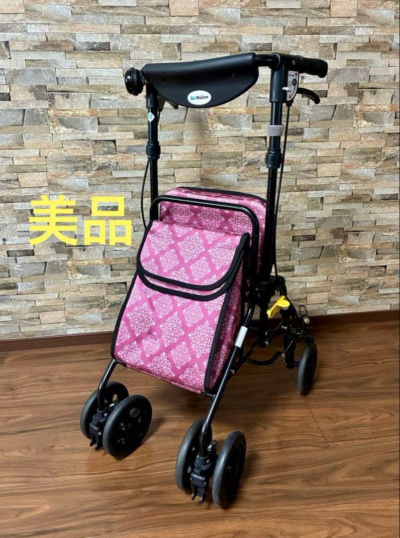 【美品】エアウォーカー島製作所、折りたたみ式保冷バック付きシルバーカー ピンク