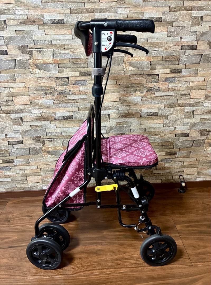 【美品】エアウォーカー島製作所、折りたたみ式保冷バック付きシルバーカー ピンク