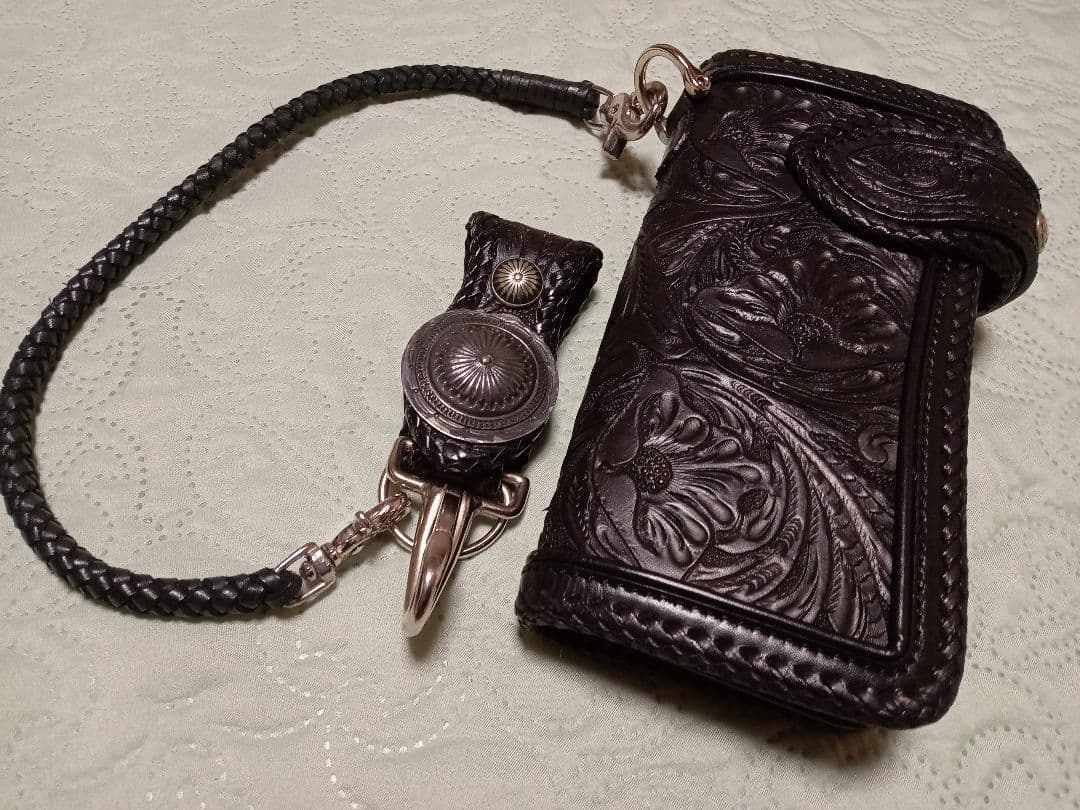 ★mamakin カービングウォレットカスタム革レザー/革フック＆ループコンチョ