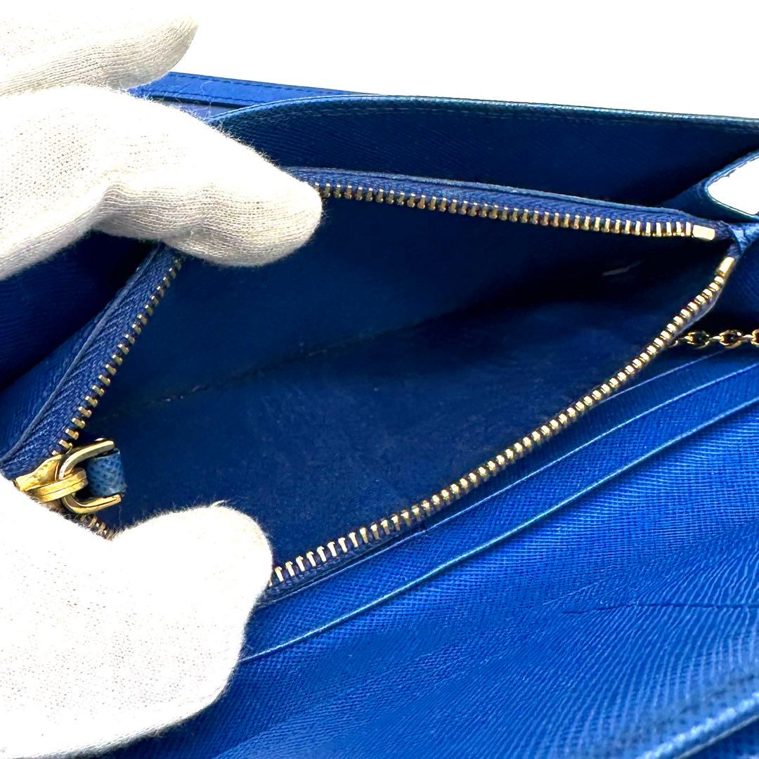 パスケース付き✨プラダ 二つ折り長財布 サフィアーノレザー ゴールド金具 ブルー