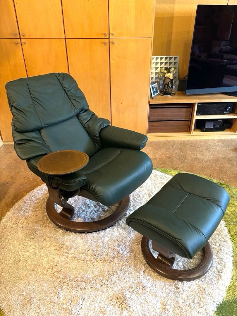 ①❗️再お値下げ❗️エコーネスストレスレスチェアレノMダークグリーン極美品テーブル付