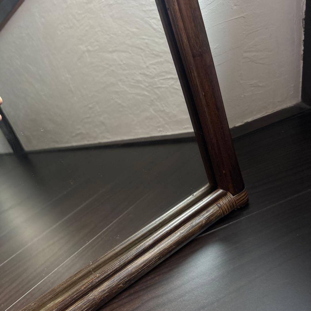 アンティーク ウォールミラー 籐 ラタン 姿見 立て掛け 昭和レトロ 古道具