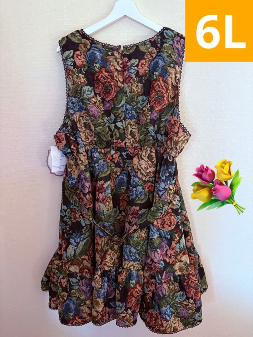 【超希少・6L】新品 くる実 しまむら ジャンパースカート ゴブラン 花柄 黒