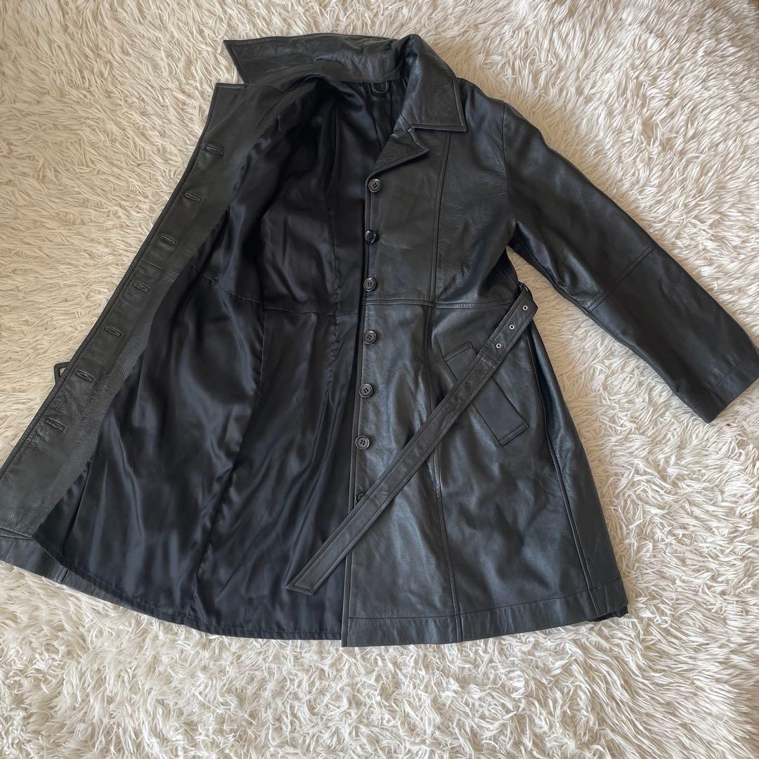 ミスアリス 羊革　レザーコート レザージャケット ベルト付 ひざ丈 ブラック