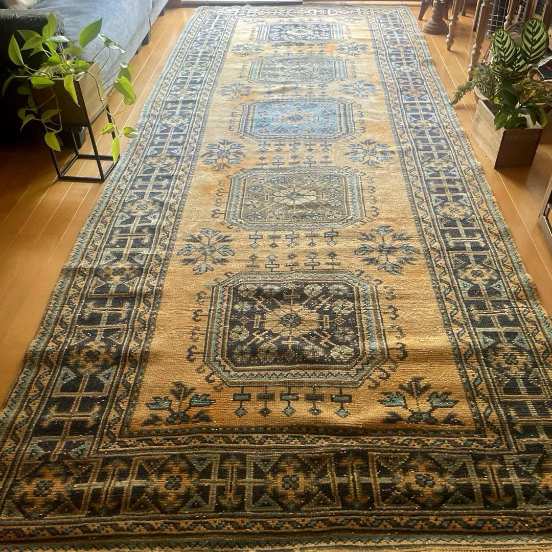超特大140×366 くすみイエローベージュ　ボタニカル　トルコヴィンテージラグ