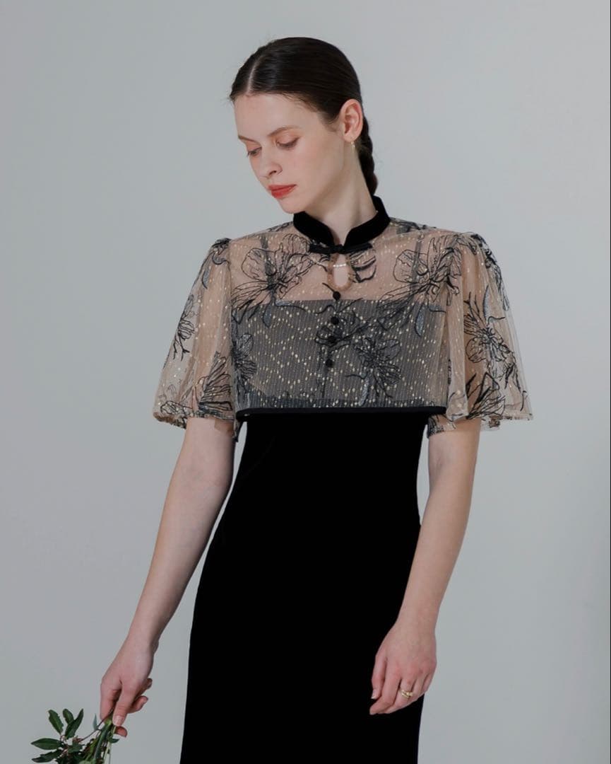 【LEJA】配色パイピング花柄刺繍ボレロ付きベロアマーメイドキャミワンピース