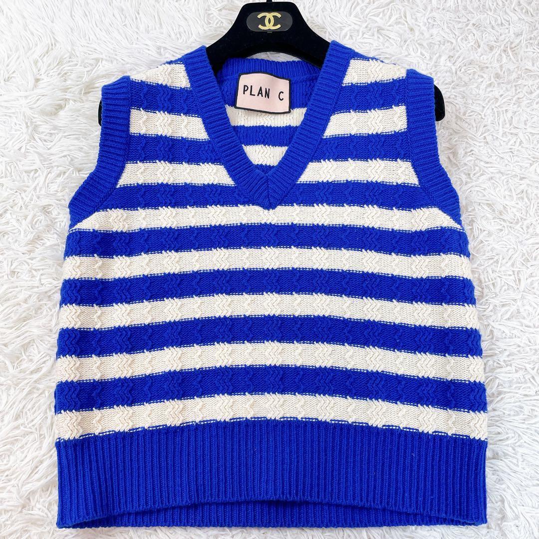 極美品✨PLANC プランシー ニット ベスト ボーダー ウールベスト 青