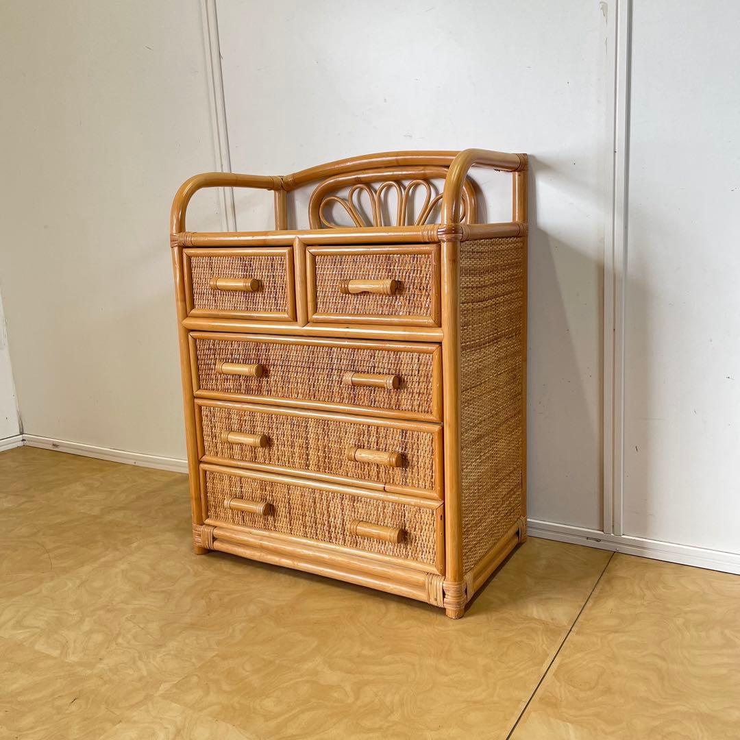 籐 ラタン 4段チェスト① 引き出し 収納 タンス 箪笥 電話台 ビンテージ
