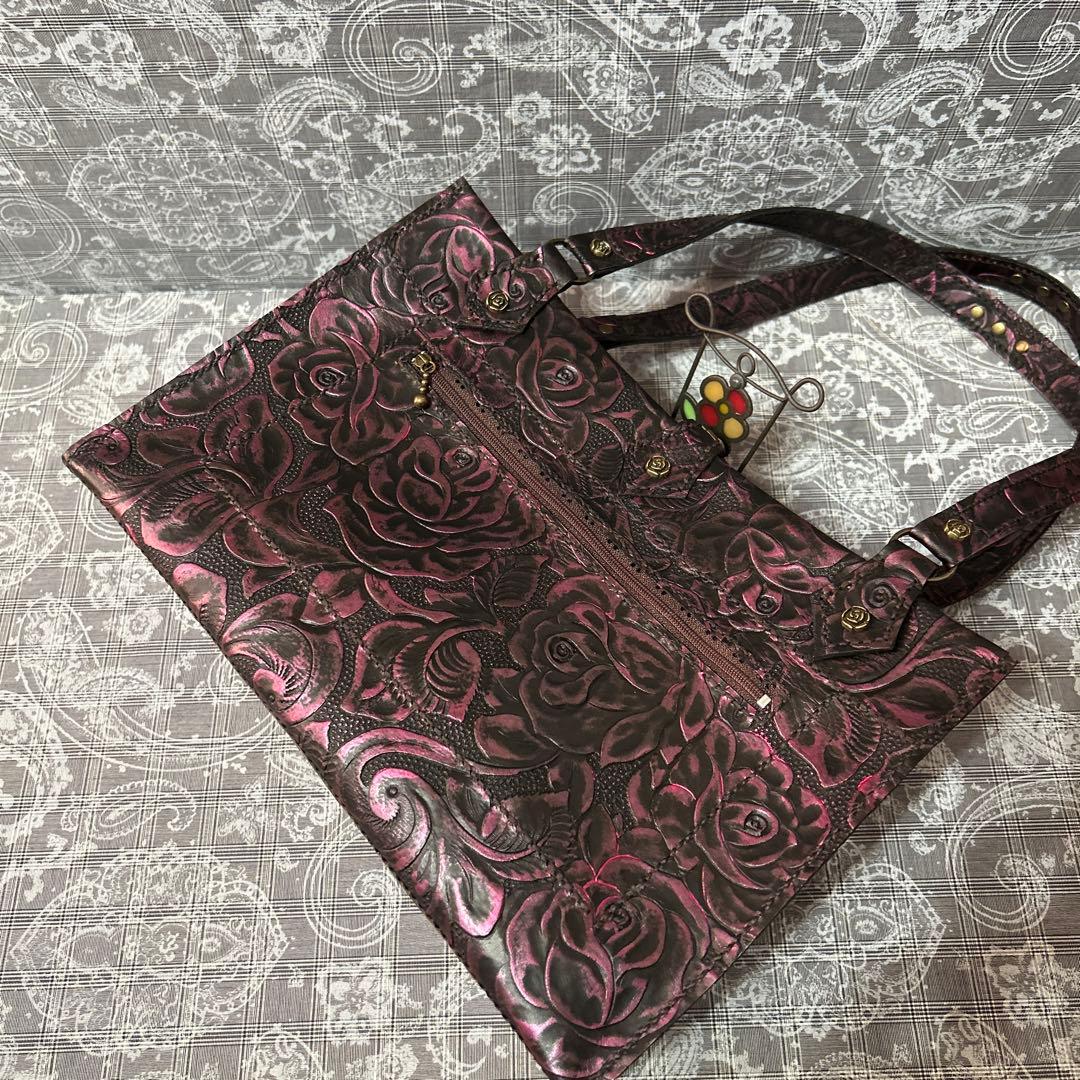 ハンドメイド♪本革薔薇トートバッグ(*^^*)ブラックキラキラピンク♪