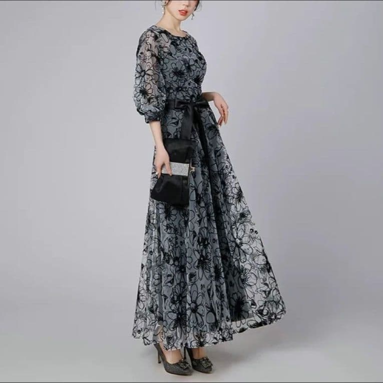 新品✨パーティードレス 七分丈 ロング ワンピース 花柄 結婚式 発表会 XL