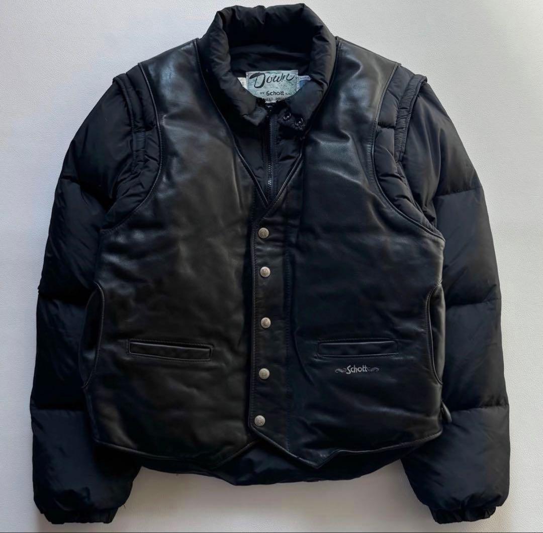 美品 Schott 2way レザーダウンジャケット ベスト ブラック 42