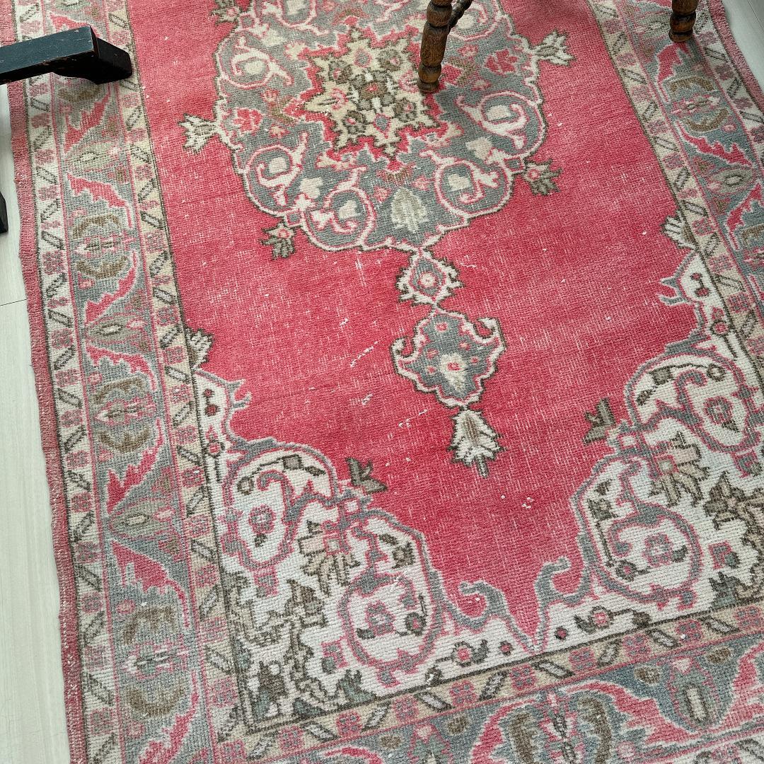 トルコヴィンテージラグ A65 コーラル レッド ネイビー ブルーグレー