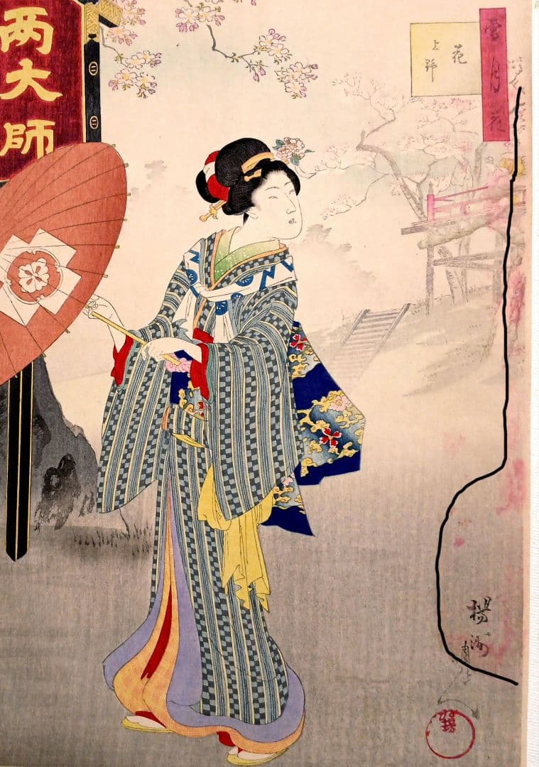 浮世絵版画、雪月花（花上野)橋本周延画、明治32年1月出版