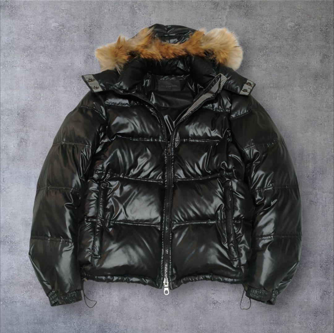 00s ファー ダウンジャケット 光沢 肉厚 ドローコード y2k お兄系 黒