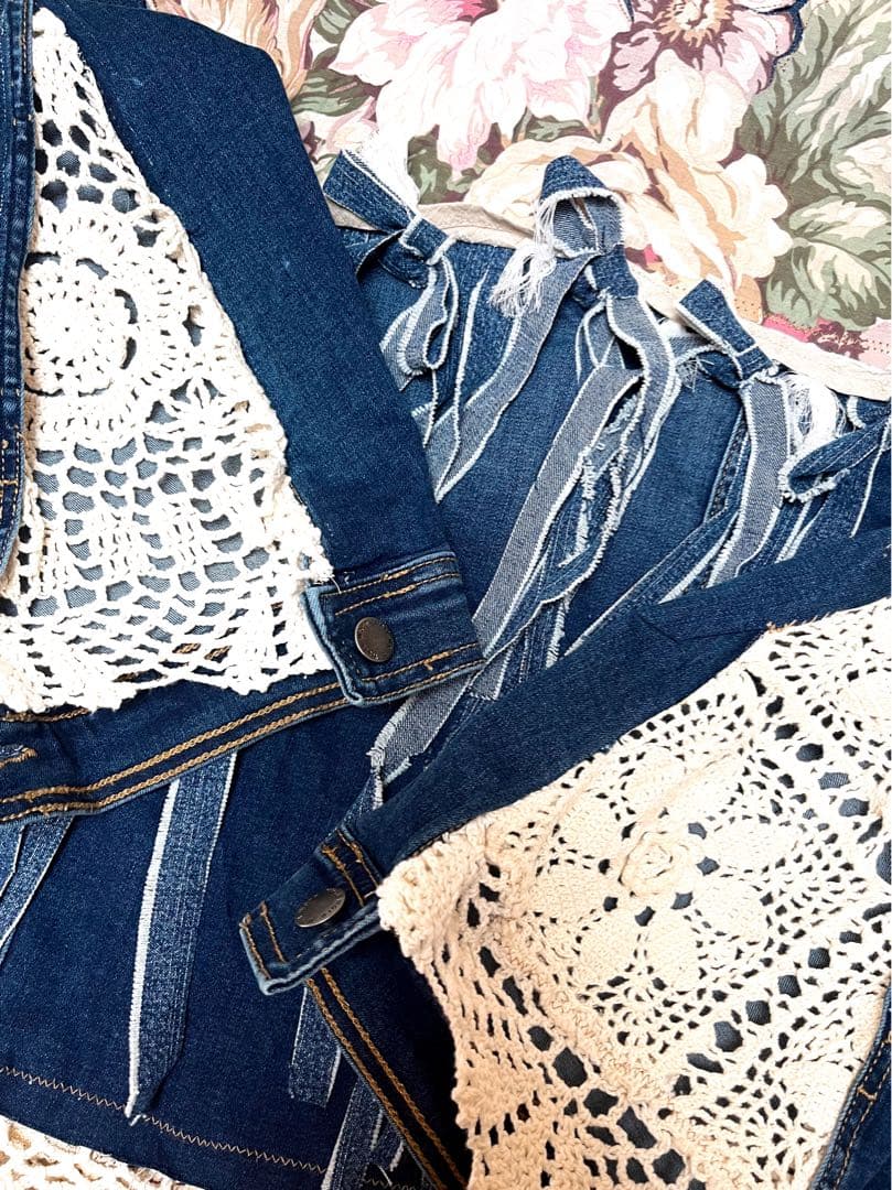 異素材変形立体リボンパッチワークリメイクデニムジャケット クロシェ 個性的y2k