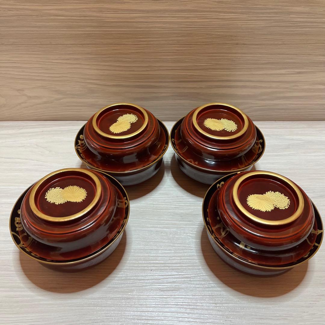 木製漆器 時代輪島塗 菊桐唐草 金蒔絵 溜塗 内黒塗 椀四客 天然木