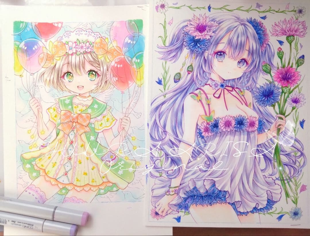 創作【Happy balloon】A5 手描きイラスト 下絵付き