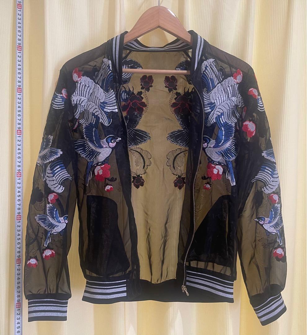 Ochirly(L)透けるスカジャンTATOO柄,春夏軽い,未使用に近い男女兼用