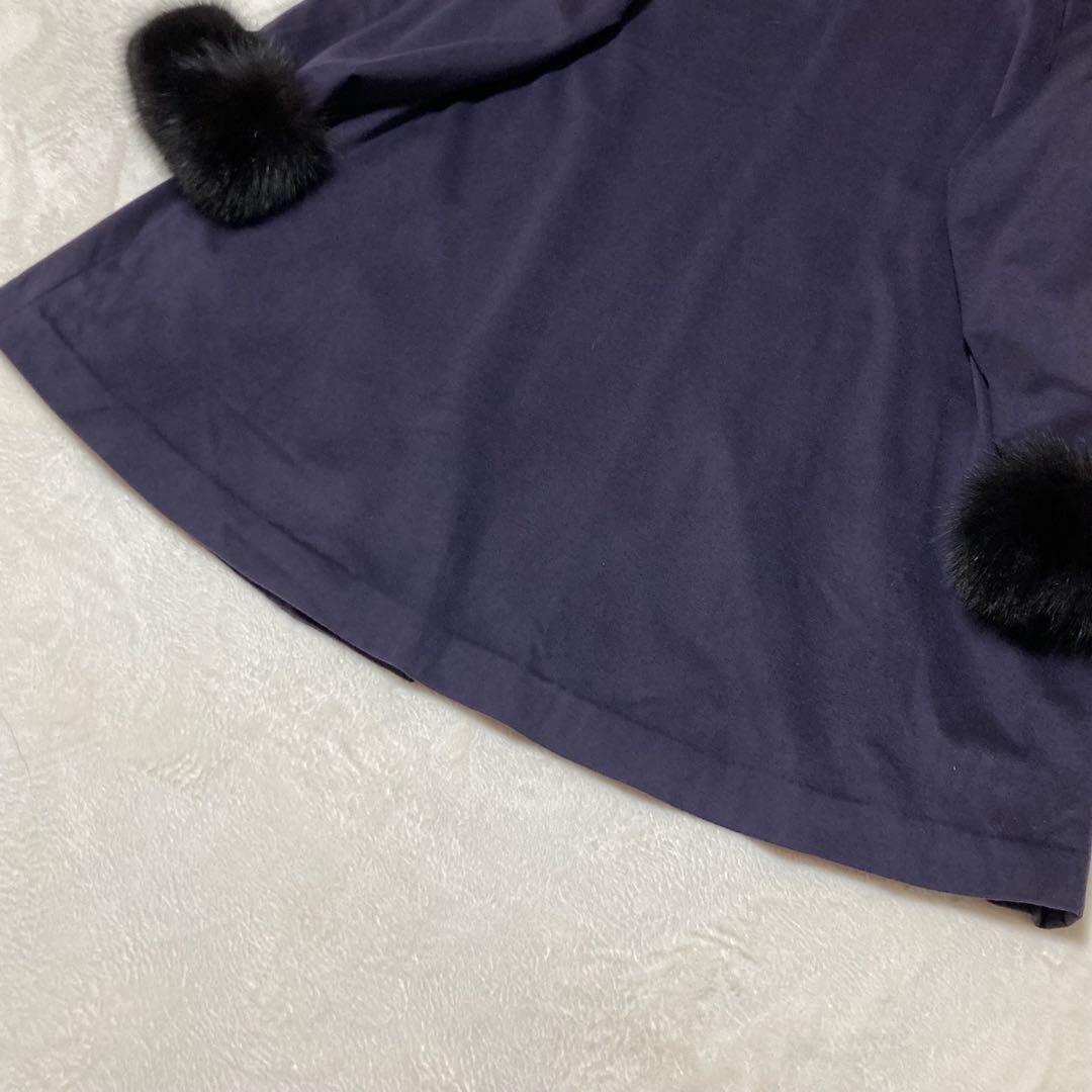 ファー付カシミヤコート　紫　ボタンレス 羽織物　黒のボリュームファー　XL