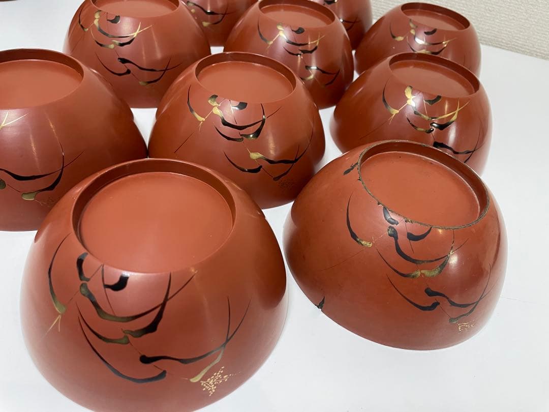 漆器 懐石道具 芦泉謹製 木製溜塗 雑煮椀 吸物椀 10客揃 内朱 鶴 鳥柄