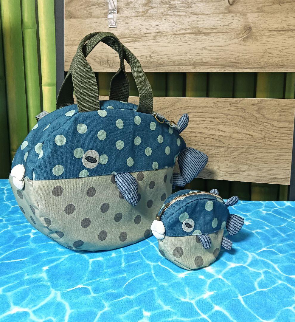 フグ　ショルダーバッグ　ポーチ　セット　ハンドメイド　河豚　ドット　水玉
