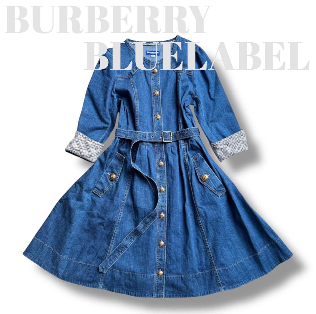 バーバリーブルーレーベル デニムワンピース ノバチェック ベルト Aライン M